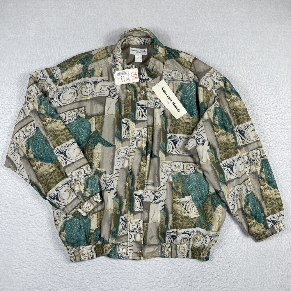 Nouveau Monde Silk Jacket Womens L Green Abstract‎ Vintage 90s Bomber Retro Boho